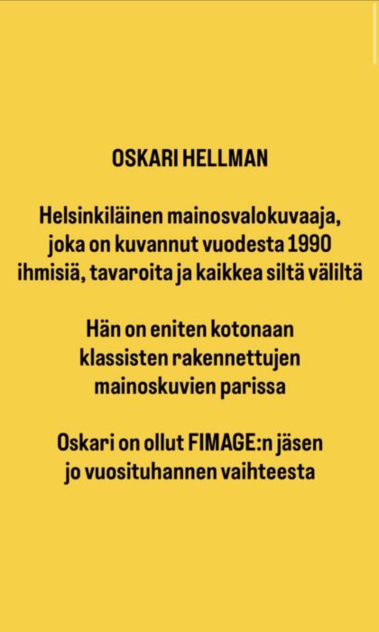 Oskari Hellman x FIMAGE Masterclass Mainoskuvauksen tuotannon rakenne